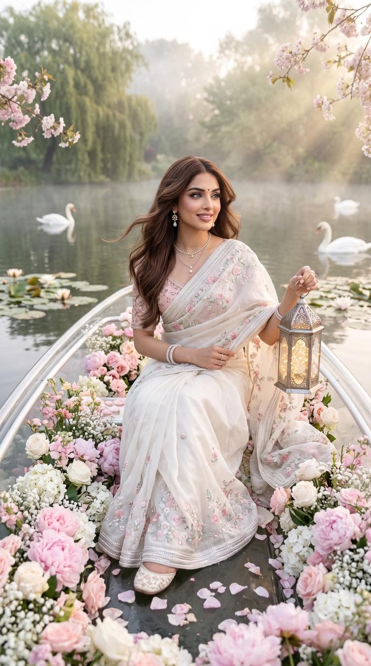 Keep Facial Features Same, use the uploaded face with 100% exact identity preservation. Create a single ultra-luxury Vogue fairytale editorial portrait of the same young South Asian woman seated gracefully inside a crystal-clear transparent glass boat floating on a calm mirror-like lake surrounded by dreamy morning mist. The boat is lavishly filled with thousands of fresh blush-pink peonies, white roses, hydrangeas, baby's breath, soft wildflowers and scattered flower petals, creating a luxurious floating floral paradise. She sits elegantly with one leg softly folded, gently holding an ornate antique silver lantern glowing with warm fairy lights while her other hand delicately gathers the flowing saree pleats, looking slightly away from the camera with a peaceful romantic smile. She wears a breathtaking ivory-white organza silk saree featuring delicate pastel floral embroidery, pearl handwork, crystal bead detailing, shimmering silver zari borders and naturally flowing couture pleats, paired with a premium blush-pink embroidered designer blouse with refined tailoring. Her long silky butterfly-cut chocolate-brown hair flows in luxurious soft waves with delicate face-framing strands gently moving in the breeze. Ultra-creamy luminous Korean glass skin, crystal sapphire-blue eyes, hydrated dewy finish, realistic skin pores, velvety smooth texture, bright soft facial spotlight, Douyin luxury makeup, feathered brows, dramatic winged eyeliner, deep kajal, soft peach blush, glossy velvet rose-pink lips, tiny elegant black bindi. She wears elegant pearl-drop earrings, delicate layered necklace, graceful rings, crystal bangles and embroidered ivory sandals subtly visible beneath the saree. The enchanting background features a serene glassy lake, blooming water lilies, graceful white swans, lush willow trees, flowering branches, floating butterflies, golden morning sun rays filtering through soft mist, dreamy cottagecore atmosphere, realistic…
