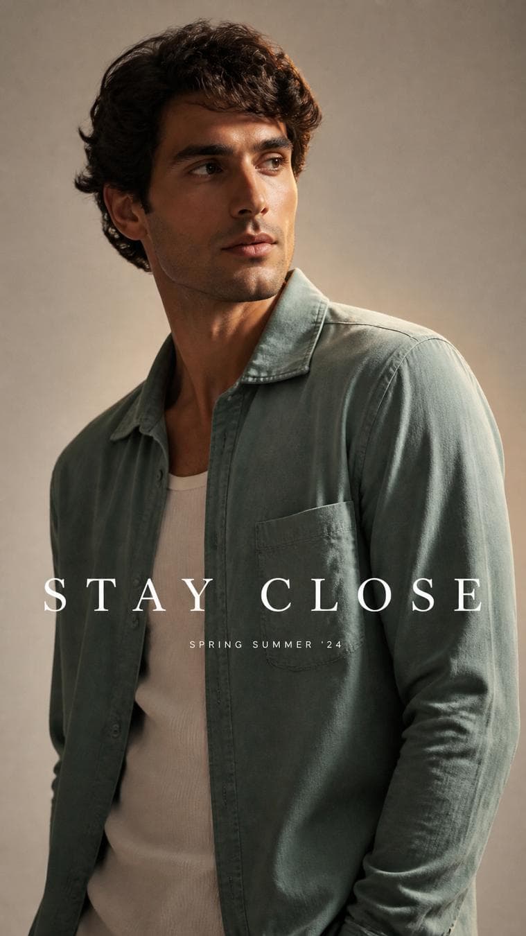Premium fashion campaign.Main Subject: Male model wearing an ocean-green overshirt.Creative Direction: Gentle soft light wraps around the shoulders creating a subtle halo without visible rim light.Pose…