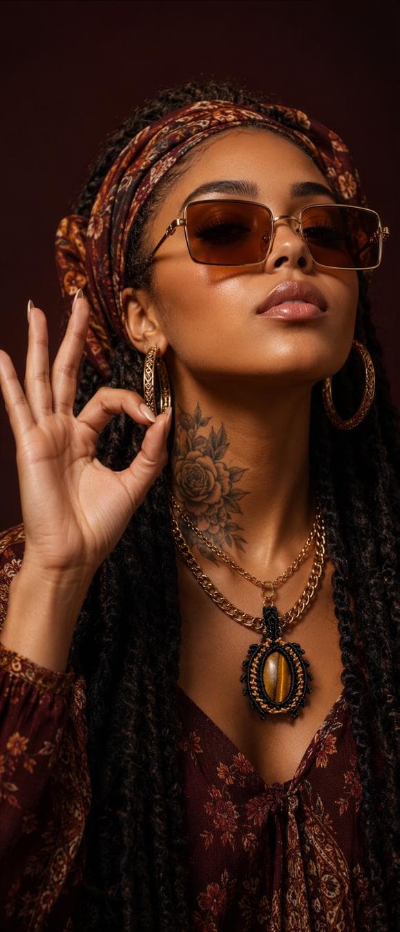 Photorealistic close-up portrait of a glamorous young woman with warm brown skin, looking slightly upward with a confident expression while showing the OK hand gesture with one hand near her face. She has long dark braided hair styled with a patterned bandana tied around her head. She wears large rectangular sunglasses with gold frames and warm amber-tinted lenses, oversized gold hoop earrings with intricate detailing, multiple layered gold chains with a large medallion pendant, and a detailed floral tattoo on her neck featuring roses and leaves. Soft glossy makeup, full lips, defined eyebrows. Clean dark gradient background. Warm refined color palette of deep burgundy, rich gold…