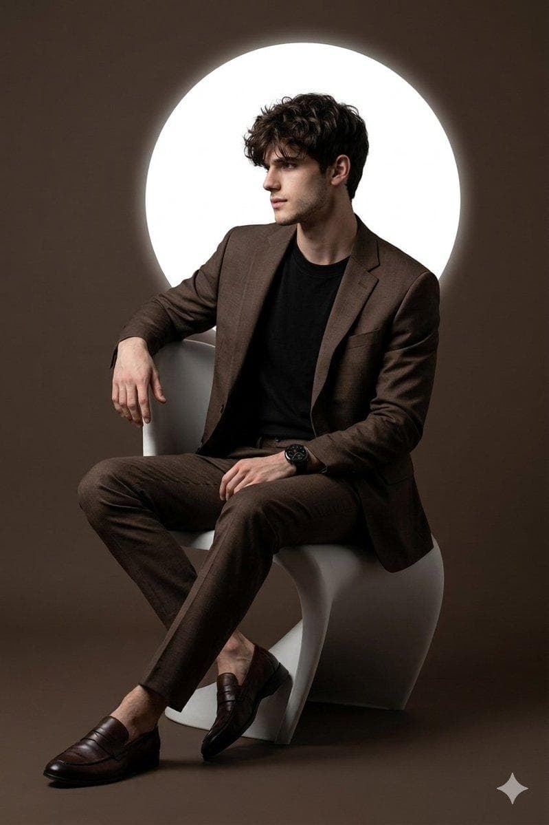 Use The Uploaded Reference Photo As The Model For The Face, Hairstyle, And Beard, Keeping Them Exactly As In The Reference. Render A Cinematic Studio Portrait Of A Young Man With A Sporty Body Sitting Casually On A Futuristic, Minimalistic, Designer Chair, Legs Crossed. Outfit: Brown Suit (#483c32 Jacket And Pants), Black Shirt Under The Jacket, Dark Brown Loafers, Black Oneplus Watch 346mm On Left Wrist. Background: Solid #483c32 With A Large White Circle Behind The Head, Filled And Slightly Glowing. Lighting: Bright Soft Studio Light, Producing Sharp Shadows And Moody Atmosphere…