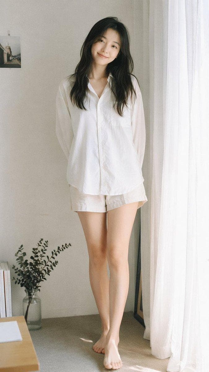 Analog 35mm film photography, soft airy Japanese-style aesthetic, gentle diffused natural window light, slight overexposure, pastel tones, low contrast, soft highlights, minimal indoor setting near a window with white curtains, clean light-colored wall, natural composition, eye-level, slightly closer full-body framing (mid-thigh to head), young East Asian woman, natural minimal makeup, soft realistic skin texture, long slightly messy dark hair, oversized white button-up shirt, light casual shorts, barefoot, simple and relaxed styling…