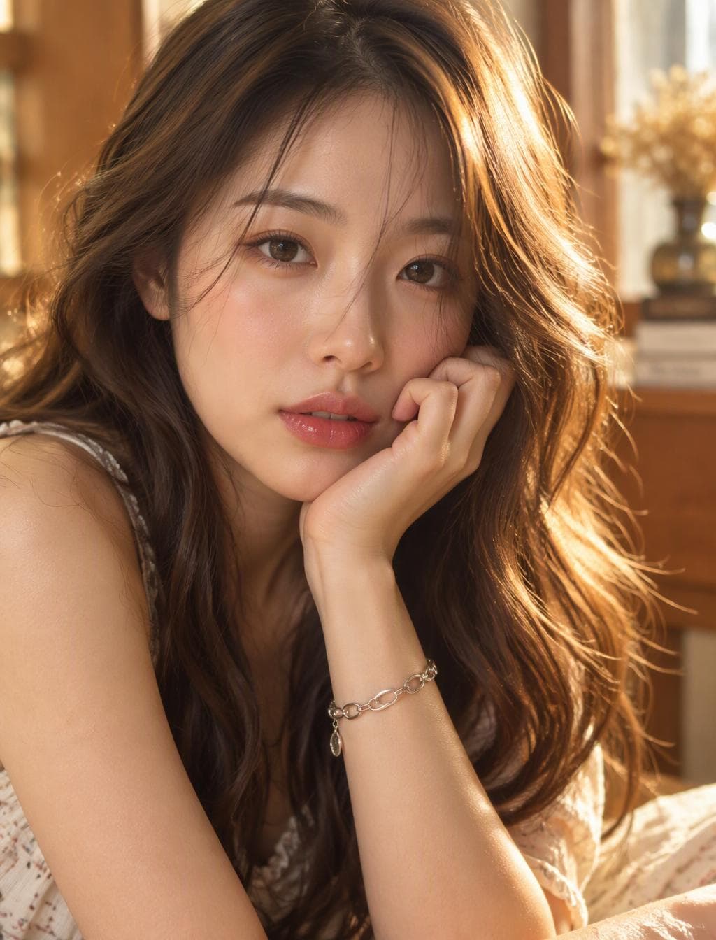 Photorealistic close-up portrait of a young East Asian woman with long, wavy chestnut-brown hair with warm sun-kissed highlights, strands falling across her face and over her shoulders. Soft, dewy skin, large dark eyes looking directly at the camera, natural makeup with peachy blush and glossy lips slightly parted. She rests her cheek against her curled fingers in a relaxed, intimate pose. Delicate silver chain-link bracelet on her wrist. Warm…