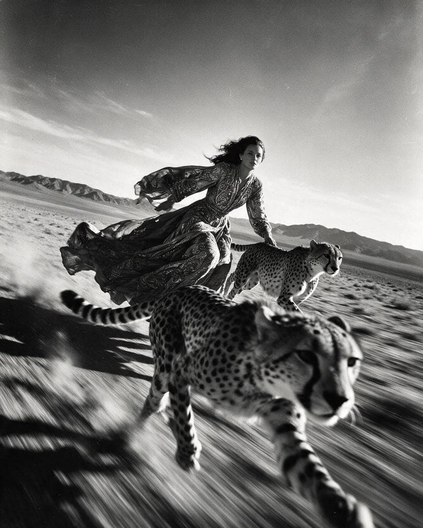 Ultra realistic black and white high fashion editorial photograph of an elegant woman riding at full speed alongside two cheetahs across a vast desert landscape. She wears a long, richly embroidered couture gown with intricate ornamental patterns, the fabric flowing dramatically in the wind. Her posture is poised and fearless, leaning slightly forward with a calm, commanding expression. Shot from an extremely low, close tracking angle with a wide-angle 24mm lens. One cheetah passes very close to the camera in the foreground, partially blurred from speed, while the second cheetah remains sharper beside the rider. Strong directional motion blur streaks across the ground, creating an intense feeling of velocity. Distant mountains stretch across the horizon beneath a huge open sky. High-contrast monochrome photography, deep blacks, bright silver highlights, natural…
