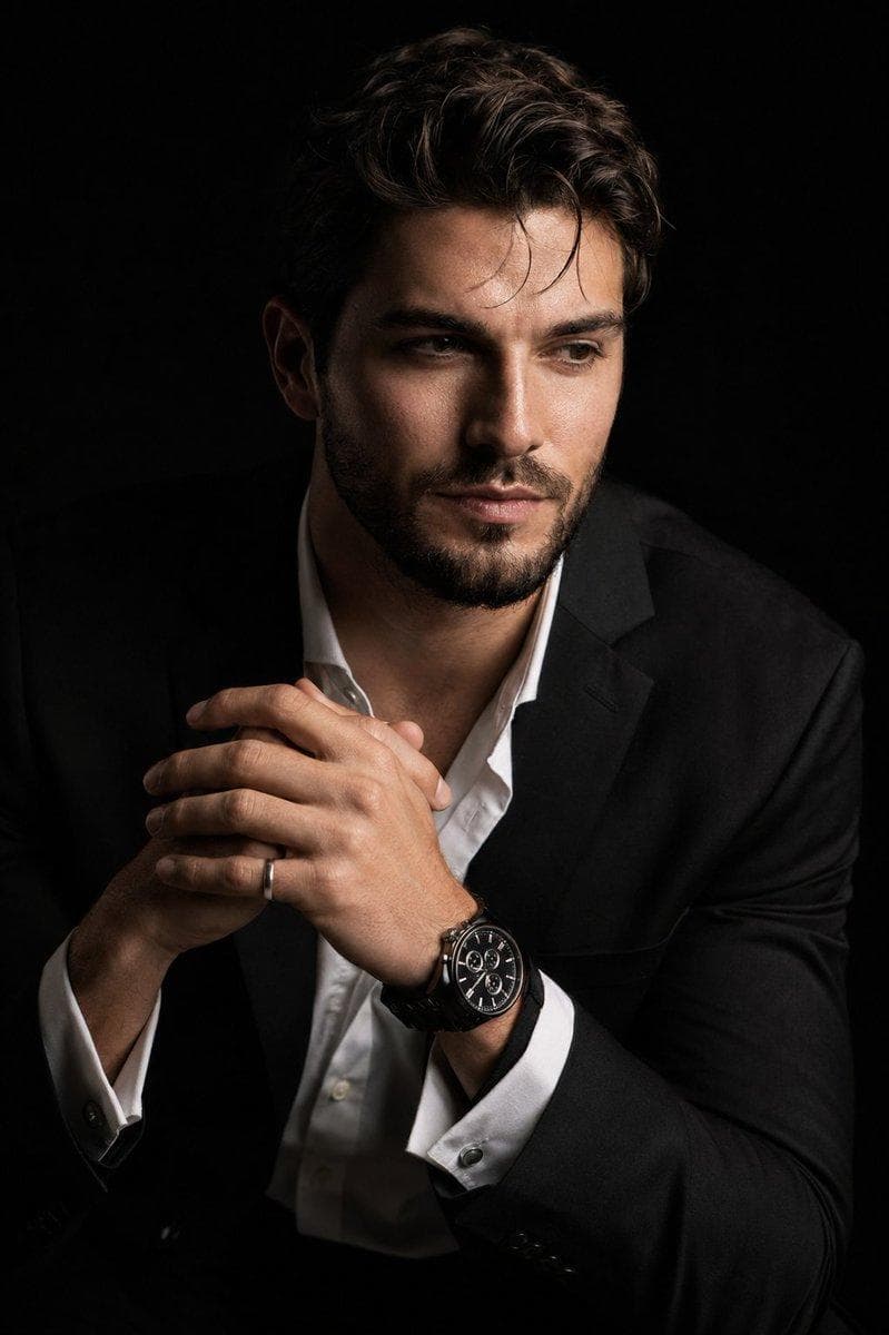 Create a hyper-realistic 8K cinematic portrait of the [Uploaded Person] in a dramatic chiaroscuro style. The subject is seated at a three-quarter angle, leaning slightly forward with a relaxed yet commanding posture. His face is turned slightly away from the camera,not looking at the lens, with one side of the face sharply illuminated and the opposite side fading into deep, velvety black shadow. His expression is contemplative. His hands are near the chest in a natural, precise pose, with the fingers gently and correctly interlocked. One wrist clearly shows a luxury black chronograph watch with a detailed metal link bracelet, and one hand wears a subtle silver ring. He is dressed in a sharp black suit jacket over a white dress shirt with the top buttons open, showing refined fabric texture and natural folds. The background is solid seamless black. Use strong directional studio lighting with rich contrast, clean shadow falloff, and realistic skin texture…
