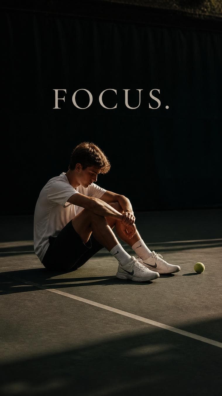 Premium campaign.Main Subject: Young tennis player sitting quietly on court.Creative Direction…
