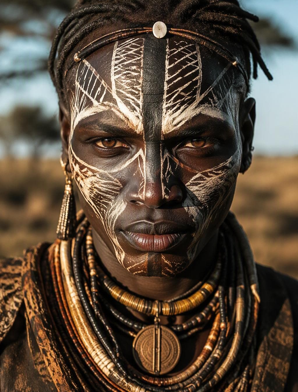 war paint of ancient African karo tribe in Ethiopia, face of male, cinematic scene,hyper detailed, beautifully color graded, fine lines, the super resolution,cinematic lighting, post processing, masterpiece, sharp…