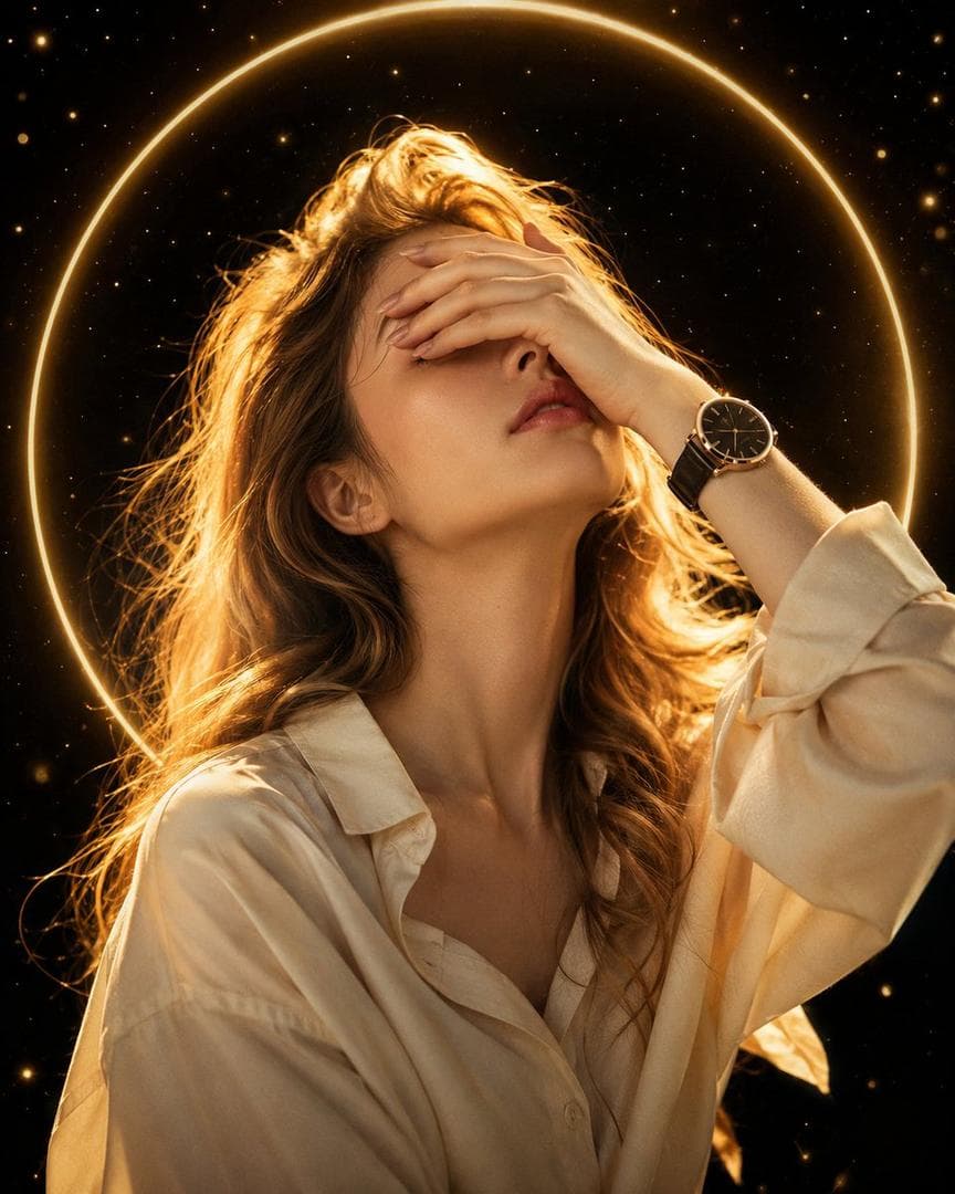 A dreamy cinematic portrait of a beautiful young woman with long, wavy golden-blonde hair, wearing a cream-beige oversized shirt and a black leather strap luxury wristwatch. She gently covers her eyes with one hand while facing slightly upward, revealing a graceful jawline and elegant neck. Soft warm golden rim lighting illuminates her hair, creating a glowing halo effect. A perfect luminous golden circle frames her against a deep black background filled with tiny…