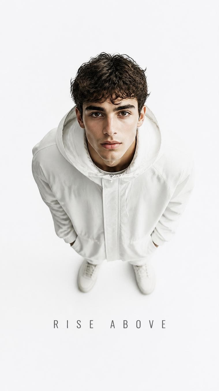 Luxury editorial portrait. Main Subject: Young male model wearing a matte white oversized jacket. Pose: Looking directly upward with relaxed shoulders. Camera: Top-down perspective…