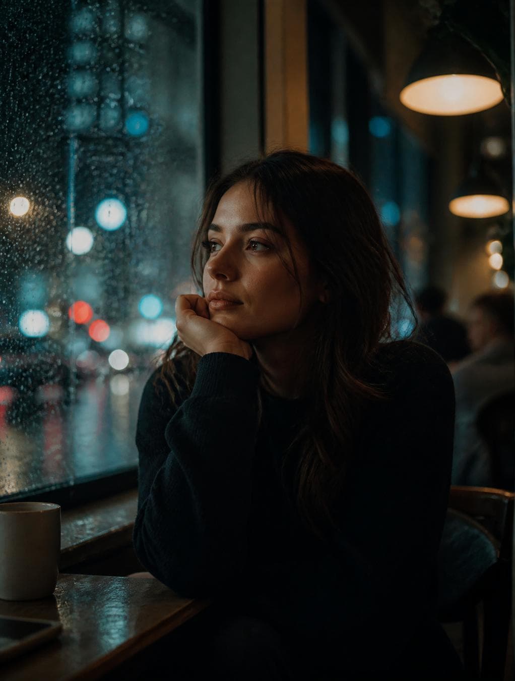 Ultra-realistic cinematic portrait of a person sitting beside a rainy window in a quiet café at night, soft reflections on glass, natural skin texture, detailed eyes, cozy ambient lighting, candid photography style, shallow depth of field, authentic emotions, shot…