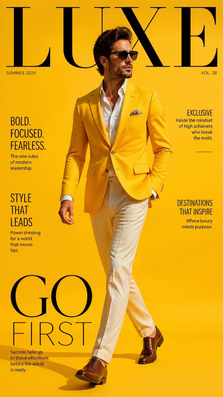 Luxury men's campaign. Main Subject: Male model wearing a bright yellow tailored blazer. Pose: Walking diagonally across the frame. Camera: Wide-angle editorial photography. Background…