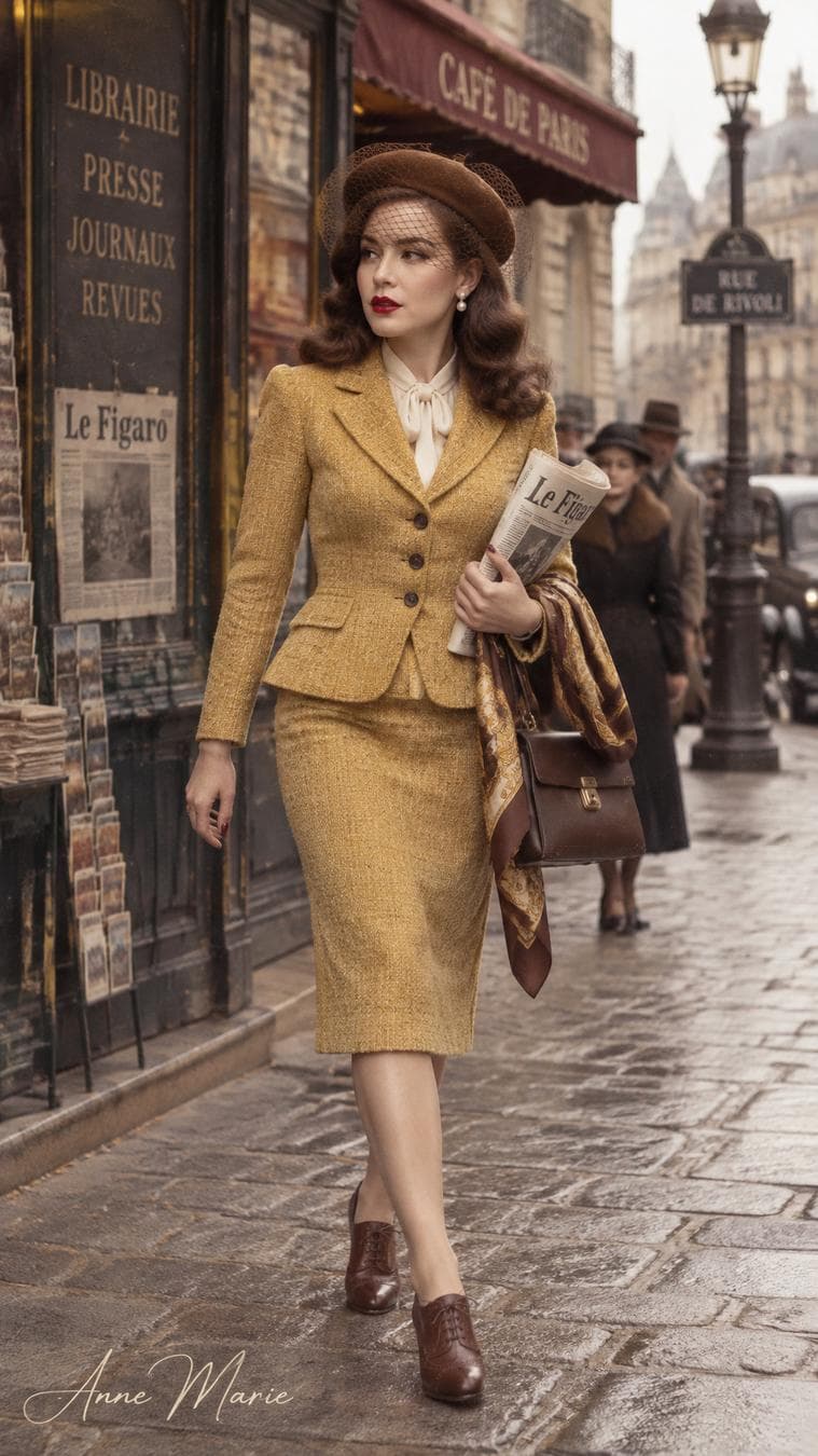 [image1] A cinematic, vintage-style photograph capturing a stylish young woman (lock identity from the reference photo attached) walking gracefully down a historic Parisian street in the 1940s. She is wearing a tailored mustard-yellow tweed suit consisting of a fitted blazer with a cinched peplum waist and a matching knee-length pencil skirt, paired with a cream blouse underneath. On her head, she wears a chic brown beret with a delicate netting veil, and her dark, wavy hair cascades softly around her shoulders. She is carrying a rolled-up vintage newspaper and a brown leather handbag, with a patterned brown-and-gold silk scarf draped elegantly over her arm. She is wearing brown lace-up Oxford heels. The background features classic Haussmann-style Parisian storefronts with French…