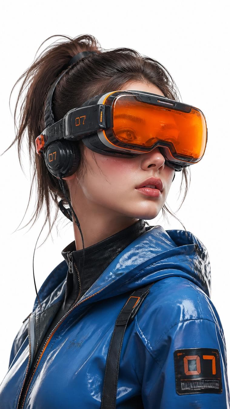 A young woman wearing orange virtual reality goggles and a futuristic VR headset, cyberpunk, science fiction, looking to the side, wearing a blue jacket…