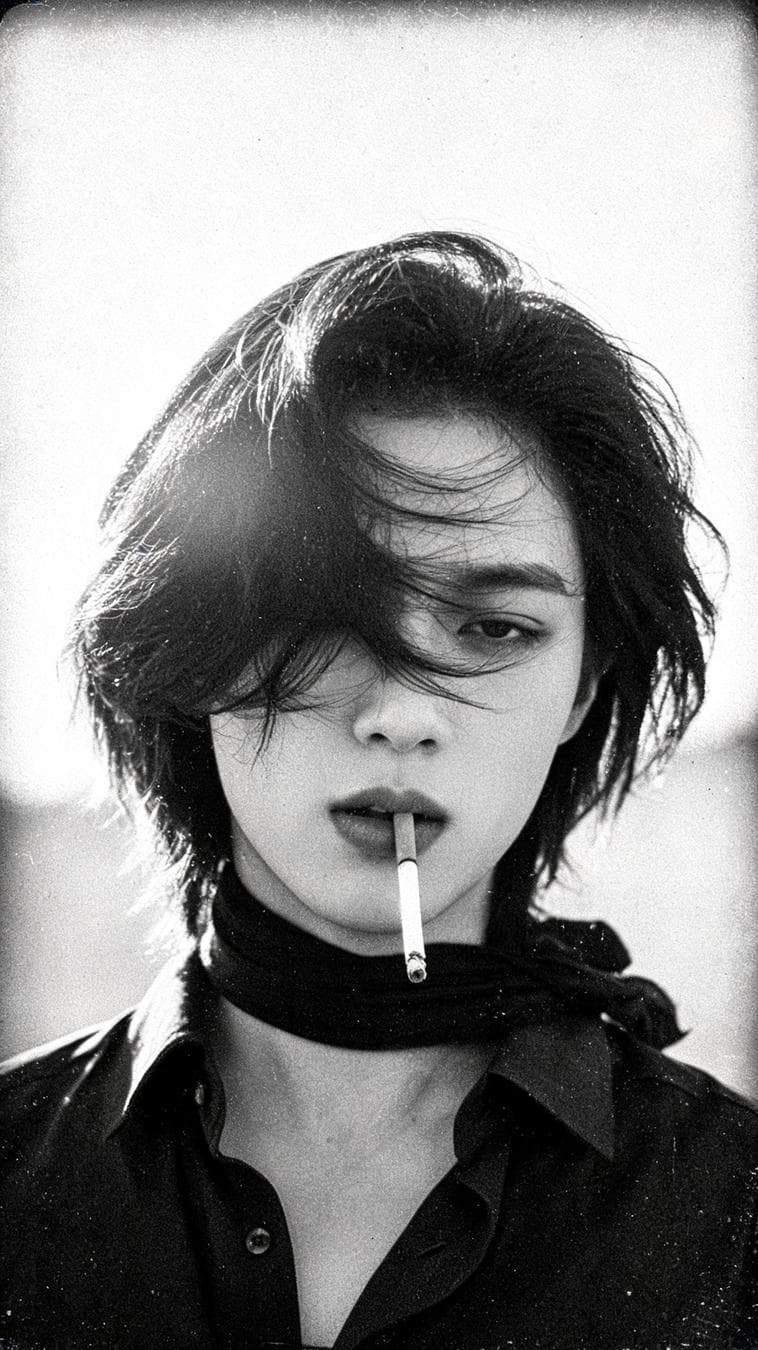 Create a 1970s black-and-white close-up portrait in a windswept outdoor setting, black and white noise. Camera/look: eye-level, front ¾ view (~30° off-axis); 85–105 mm portrait perspective; vertical 2:3, tight head-and-shoulders crop; shallow DoF f/2.8–f/4; subject centered. Lighting: hard natural sunlight from upper camera-left with minimal fill; crisp shadows; subtle rim on hair; sky as bright mid-tone background; no blown highlights. Pose & expression: subject faces camera, chin slightly down, lips parted with a cigarette held between them; gaze relaxed/half-lidded; hair blown across the face by wind, partially covering one eye. Wardrobe & styling: dark collared shirt with open neck; thin black neck scarf tied loosely; no logos/jewelry. Grade: high-contrast monochrome with rich…