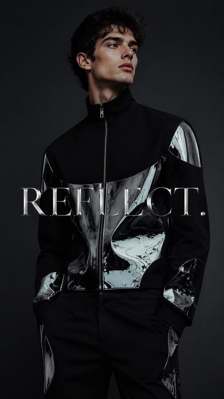 Create a premium 9:16 luxury editorial portrait of a young male model wearing a matte black outfit.His clothing contains several polished chrome sections that reflect fragments of the studio environment like…