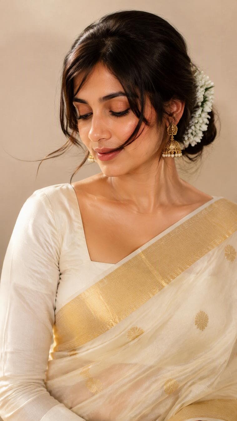 { "version": "2.0", "task": "face_reference_recreation_9x16", "subject": { "identity_source": "face_reference_image", "identity_preservation": 0.95, "description": "young South Indian woman, same face as reference, natural skin texture", "pose": "upper body close-up, head slightly tilted down, eyes gently closed looking down", "expression": "soft serene dreamy" }, "wardrobe": { "saree": "Kerala cream tissue kasavu saree with broad golden zari border and golden butta motifs", "blouse": "cream full-sleeve square-neck blouse" }, "hair": { "style": "low messy bun with loose strands blowing across face", "accessory": "fresh white jasmine gajra" }, "jewelry": { "earrings": "large antique gold jhumka with pearl drops" }, "makeup": { "base": "dewy glowing skin", "eyes": "soft brown eyeshadow, long lashes", "lips": "glossy nude pink" }, "environment": { "background": "warm beige seamless studio", "lighting": "soft diffused natural window light", "mood": "dreamy Onam editorial Pinterest aesthetic" }, "camera": { "shot": "vertical portrait, chest up, more saree drape visible", "lens": "85mm", "aperture": "f/2.0", "focus": "soft focus with subtle motion blur on hair" }, "parameters": { "aspect_ratio": "9:16", "resolution": "1080x1920", "quality": "high", "platform"…