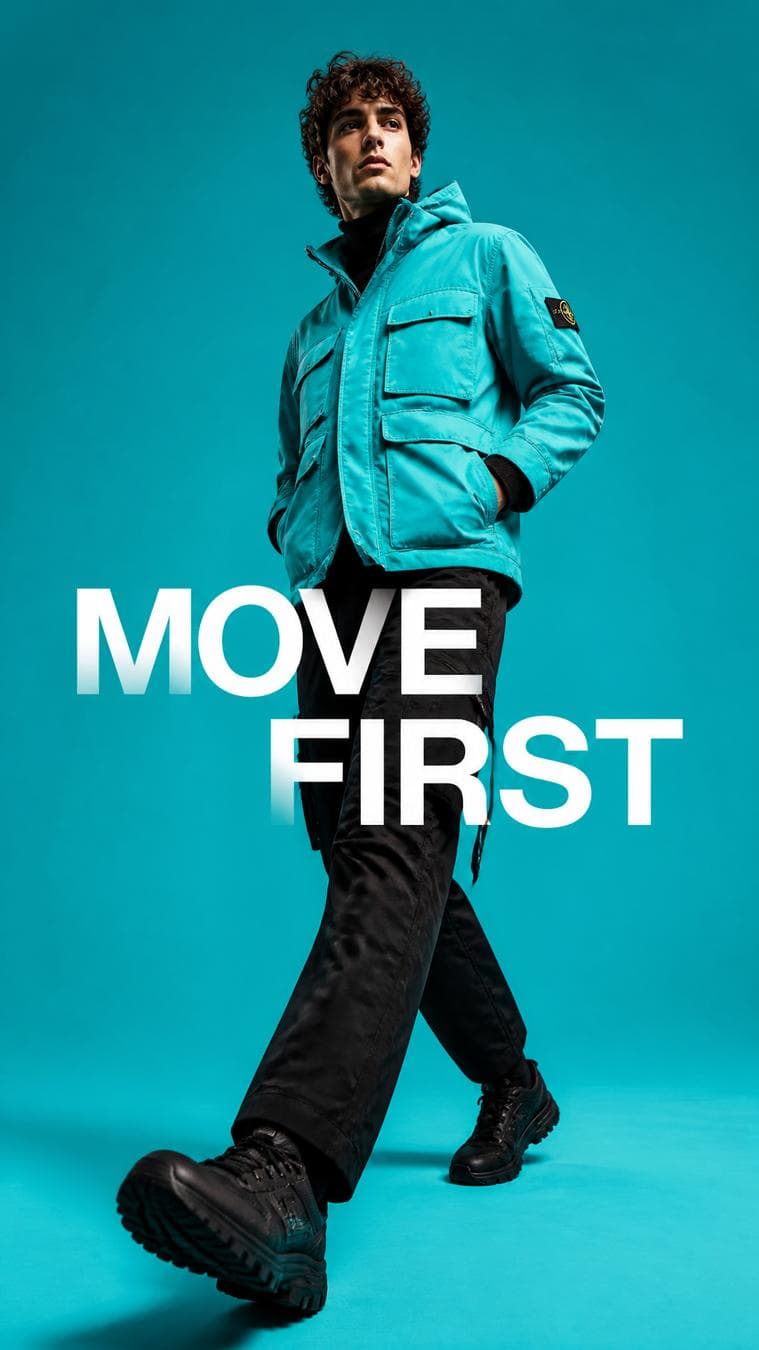 Premium editorial campaign. Main Subject: Young male model wearing a vivid turquoise utility jacket. Pose: Both hands inside pockets while taking a long confident stride. Camera: Ground-level tracking shot following the movement…