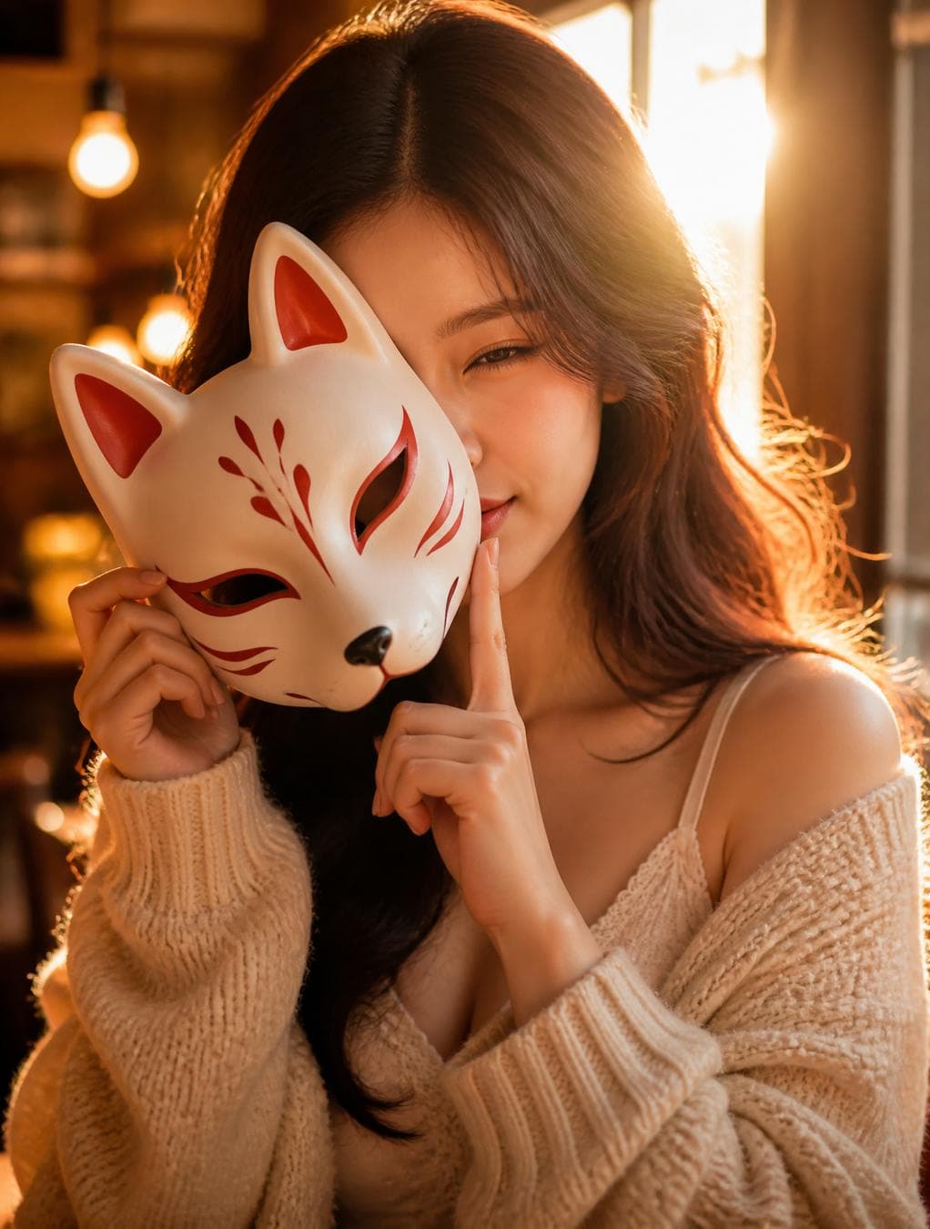 A young woman with cascading dark hair winks playfully, positioned in the foreground against a sun-drenched window in a cozy cafe. Golden hour sunlight rakes across her face, emphasizing soft subsurface scattering on her skin and creating distinct rim lighting on the strands of her hair. She wears a textured cream-colored knit cardigan layered over a delicate lace camisole, with the fabric absorbing the warm, amber glow. The middle ground features a blurred interior with soft-focus bokeh from hanging Edison bulbs, while the background is composed of a bright, overexposed window frame that provides high-key contrast. The composition utilizes a shallow depth of field to isolate the subject, blending rich, warm color temperatures with gentle atmospheric haze to enhance the intimate, serene aesthetic. holding a fox mask in front of her…