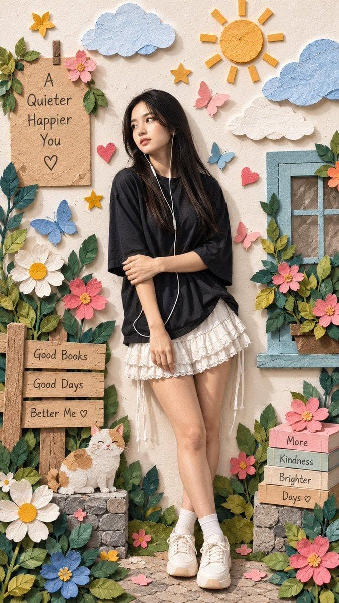 Create a premium photorealistic handcrafted paper-craft / 3D paper collage artwork in a vertical 9:16 composition. A cheerful young woman stands full-body in the center, surrounded by a whimsical handmade paper garden. She has long, wavy light-brown hair, wears round blue-tinted sunglasses, a light gray oversized denim-style jacket over a white top, loose blue jeans, white sneakers, and a small black crossbody bag. She is smiling naturally and looking toward the camera, with a relaxed playful pose and both arms slightly extended outward. Everything in the scene is made from layered handmade paper, textured cardstock, crepe paper, and delicate cut-paper pieces. Surround her with colorful handcrafted flowers, large leaves, small hearts, stars, butterflies, and fluffy paper clouds. Include oversized pink, white, blue, yellow, and orange flowers growing from the bottom, with individually cut leaves and visible paper fibers. Add floating decorative paper clouds near the top, colorful paper stars and hearts scattered around the subject. The woman should appear seamlessly integrated into the paper world, with realistic dimensional layering, soft raised paper edges, subtle shadows beneath every cutout, tactile handmade textures, slightly imperfect hand-cut shapes, visible paper grain and fibers. Warm soft studio lighting, creamy…