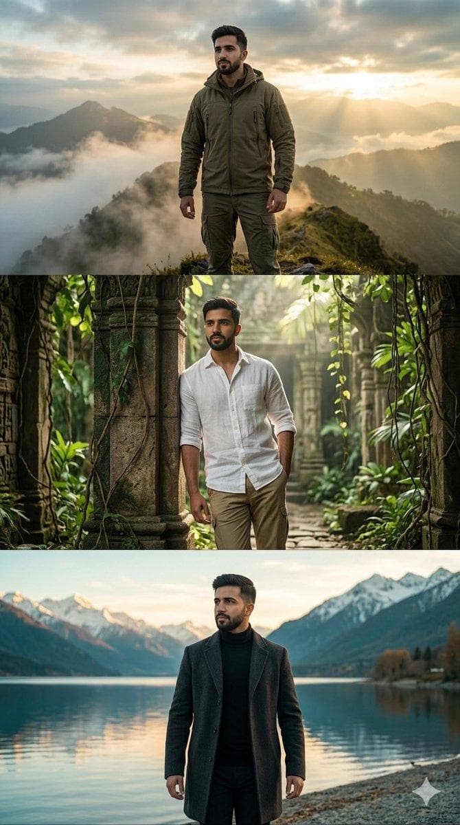 Create a hyper-realistic three-panel vertical cinematic collage in 9:16 aspect ratio, editorial fashion photography style. The collage consists of three distinct vertical frames stacked seamlessly, each featuring the exact same man with consistent face, skin tone, short black hair, sharp jawline, and intense gaze directly at the viewer, as if from the same reference photo. Top panel: The man stands confidently on a misty mountain ridge at sunrise, dramatic Himalayan peaks in the background with golden light piercing through low clouds. He wears a rugged dark olive green tactical field jacket with rolled sleeves, black cargo pants, and sturdy hiking boots. Cool blue-gray color grading with subtle film grain. Middle panel: The man leans against an ancient stone pillar inside a grand abandoned temple in a dense tropical jungle, soft diffused sunlight filtering through overgrown vines and carved arches. He wears a lightweight white linen button-up shirt (slightly unbuttoned at the top) tucked into slim khaki trousers, with brown leather loafers. Warm earthy tones with teal shadows and cinematic haze. Bottom panel: The man walks along a serene lakeside at golden hour, crystal-clear water reflecting snow-capped mountains in the distance, surrounded by pine trees. He wears a black merino wool…