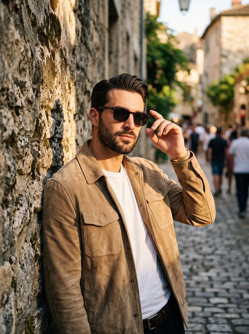 A cinematic golden hour portrait of a stylish man leaning against a textured stone wall, wearing dark sunglasses, a beige suede jacket with large front pockets, and a white crew-neck shirt underneath, warm sunlight casting sharp shadows across the wall, soft natural beard, well-groomed dark hair styled back, confident relaxed pose with one hand raised near his face, warm earthy color palette, strong side lighting, high…