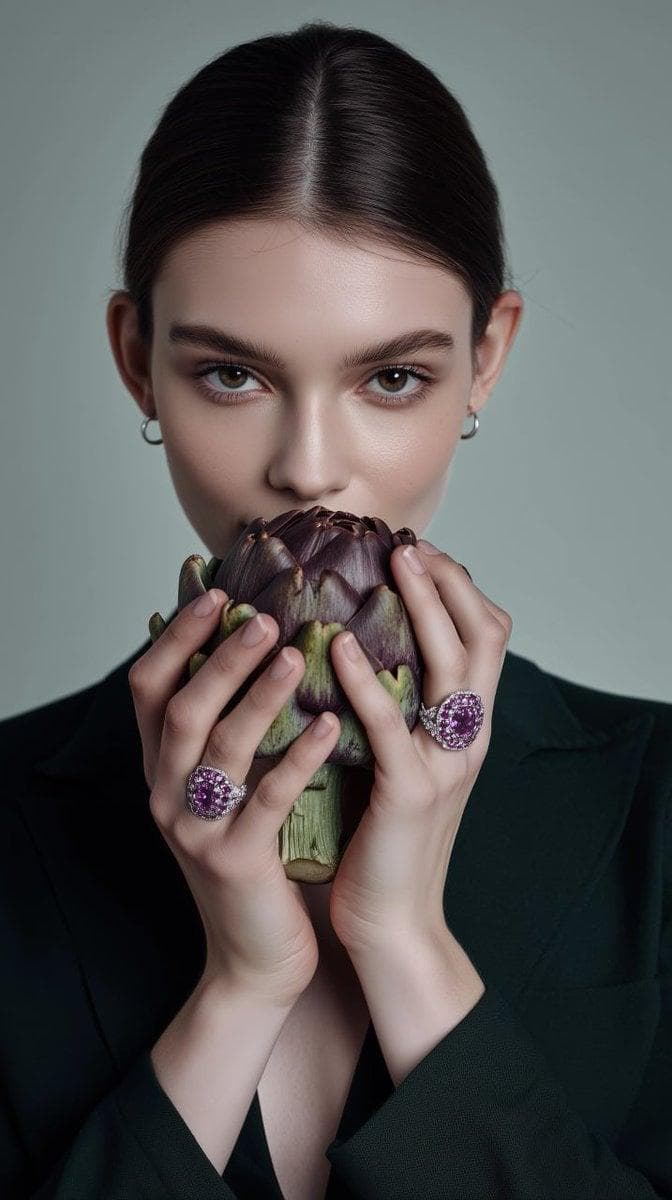 A portrait of a young woman with refined features, holding a large artichoke in front of her, partially covering the lower part of her face. The woman has smooth skin, dark hair neatly pulled back with a center parting, and minimalistic, elegant makeup that highlights her natural beauty. She is wearing large, luxurious rings with prominent purple gemstones encrusted with diamonds on the fingers of both hands. She is dressed in a dark green sophisticated blazer with a deep neckline, emphasizing the elegance of her look. The background is a soft, solid gray-beige, creating a neutral and refined atmosphere. Focuse on the woman’s hands, the artichoke, and her face, with an…