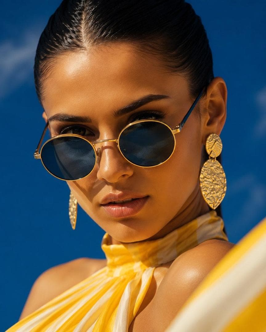 Wide dramatic fashion shot, woman in flowing yellow and white striped halter maxi dress, fabric violently billowing and twisting in strong desert wind, full figure visible from low camera angle against vast deep blue sky with wispy clouds, sandy ground below, woven yellow handbag and platform sandals…