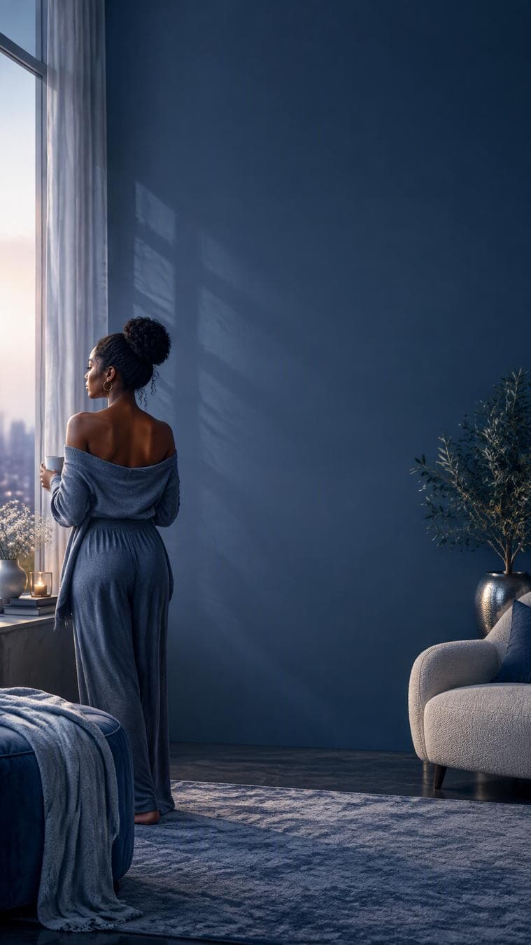 Create a premium, elegant back-cover background image for a contemporary self-love and personal-growth book titled “HEY GIRL! BLUE.” DO NOT include any text, letters, words, typography, logos, book title, author name, or writing anywhere in the image.A sophisticated young Black woman viewed from behind and slightly in profile, standing peacefully in a softly lit minimalist interior, conveying quiet confidence, self-reflection, emotional healing, independence, and becoming comfortable with herself. She should appear natural and elegant rather than overly glamorous.Use a deep blue, navy, powder blue, muted denim, and subtle silver palette, with soft gradients and gentle atmospheric lighting. Include tasteful visual elements suggesting emotional growth and inner peace: soft flowing fabric, subtle light through a window, delicate shadows, and an uncluttered contemporary environment.The composition must be minimal, luxurious, editorial, and emotionally warm, suitable for a professionally published Amazon book. Leave a large clean, visually calm area in the center and upper-middle…
