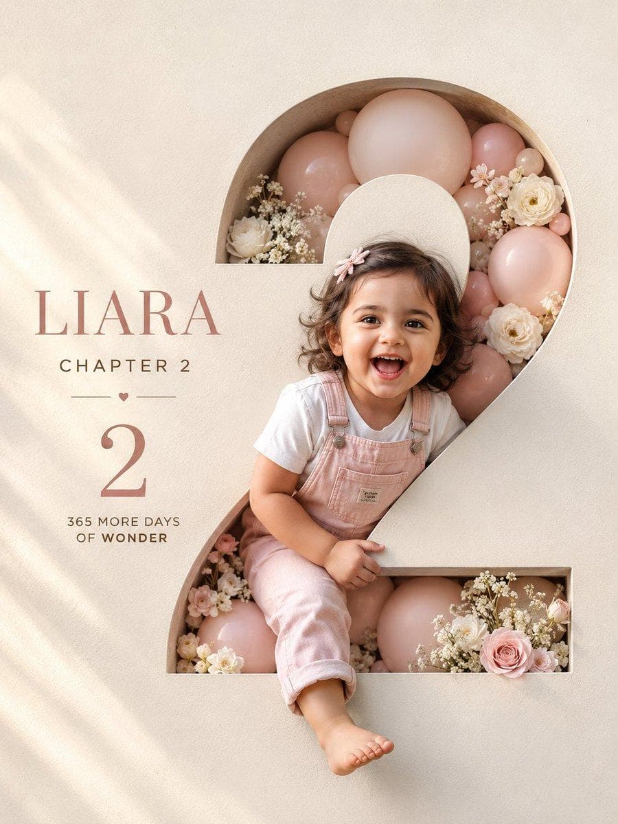 Professional luxury birthday poster, 3:4 portrait composition, ultra high-end studio photography aesthetic. Premium off-white textured paper wall background with subtle grain and depth. A large number [Age] is precisely carved into the wall with realistic thickness, beveled edges, and deep inner shadows creating strong 3D depth. Inside the number: soft pastel pink balloons, elegant white flowers, and luxury bouquet arrangement with minimal premium styling. A happy [Age]-year-old child with preserved facial identity, wearing a milky white T-shirt and pastel pink denim overalls, laughing naturally. Face, shoulder, one hand, and one foot extend outside the carved number, creating a realistic 3D pop-out effect. Warm cinematic golden sunlight from one side, soft rim…