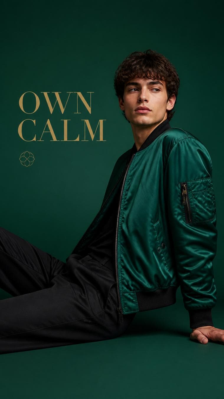 Luxury fashion campaign. Main Subject: Young male model wearing a vivid emerald bomber jacket. Pose: Sitting sideways with one elbow resting behind him. Camera: Eye-level side…