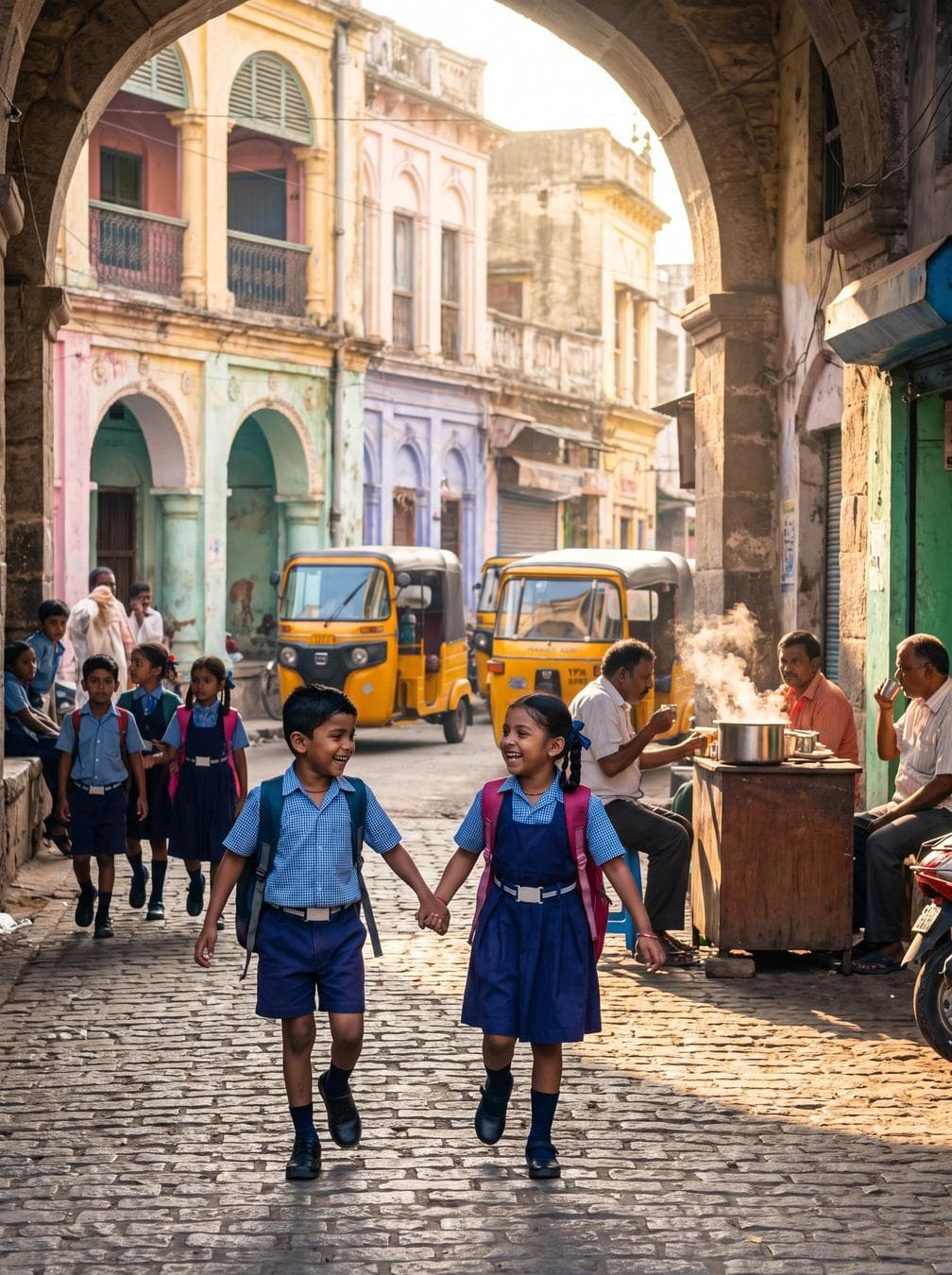 A heartwarming, vibrant street photography scene in Hyderabad, India, during early morning. Two Indian children (a boy and a girl, aged 6 and 7) wearing neat school uniforms with backpacks strapped on their shoulders, joyfully playing and skipping down a lively heritage street. The bustling neighborhood features historic arches, colorful painted buildings, auto-rickshaws, and chai stalls. In the background, other school kids are walking…