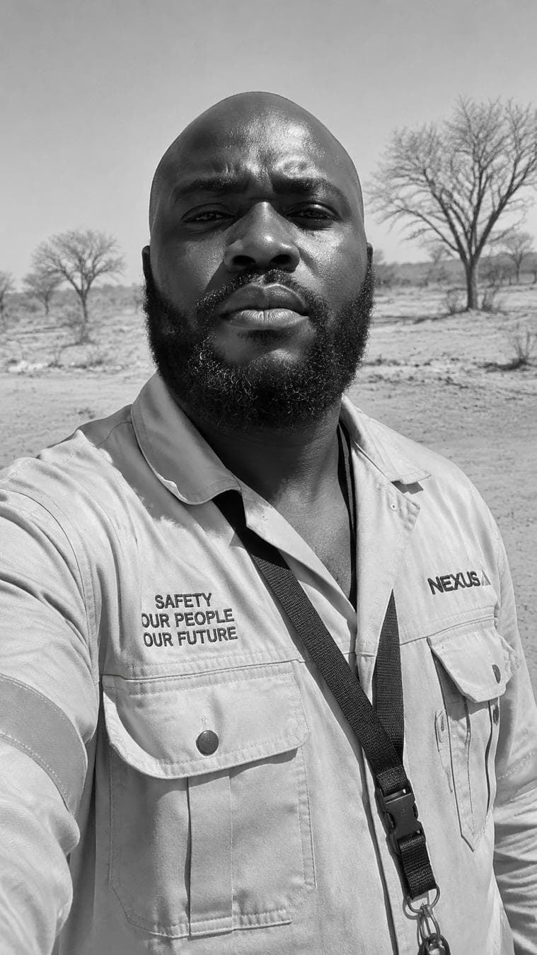 A Black man with a shaved head and full textured beard faces the camera in a direct outdoor selfie, wearing a light-colored utility jumpsuit with stitched pockets, buttons, embroidered lettering, and a dark lanyard crossing his chest. Harsh overhead sunlight creates bright specular highlights on his scalp and cheeks, deep eye-socket shadows, and strong tonal separation across the fabric’s seams and creases. He occupies the foreground in a tightly framed vertical composition, while the middle ground reveals pale dusty terrain and sparse, leafless trees softened by atmospheric haze. The monochrome treatment emphasizes skin texture, beard fibers, weathered ground, and the stark contrast between illuminated clothing and shadowed folds. * **Style:**…