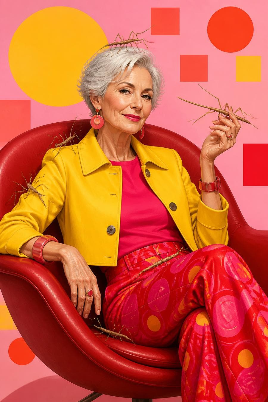 Bright editorial illustration style. An elegant elderly European woman with short silver hair and refined features sits comfortably in a modern leather cocoon armchair. She is dressed in youthful, fashionable bright clothing — a vibrant yellow cropped jacket over a hot-pink top and bold red patterned trousers. On one hand she carefully holds a long thin stick insect. Several more stick insects are sitting on her shoulder, on her arms, on the armchair, and one rests on top of her head. The color palette is vivid yellow, red and pink. The background is a soft…