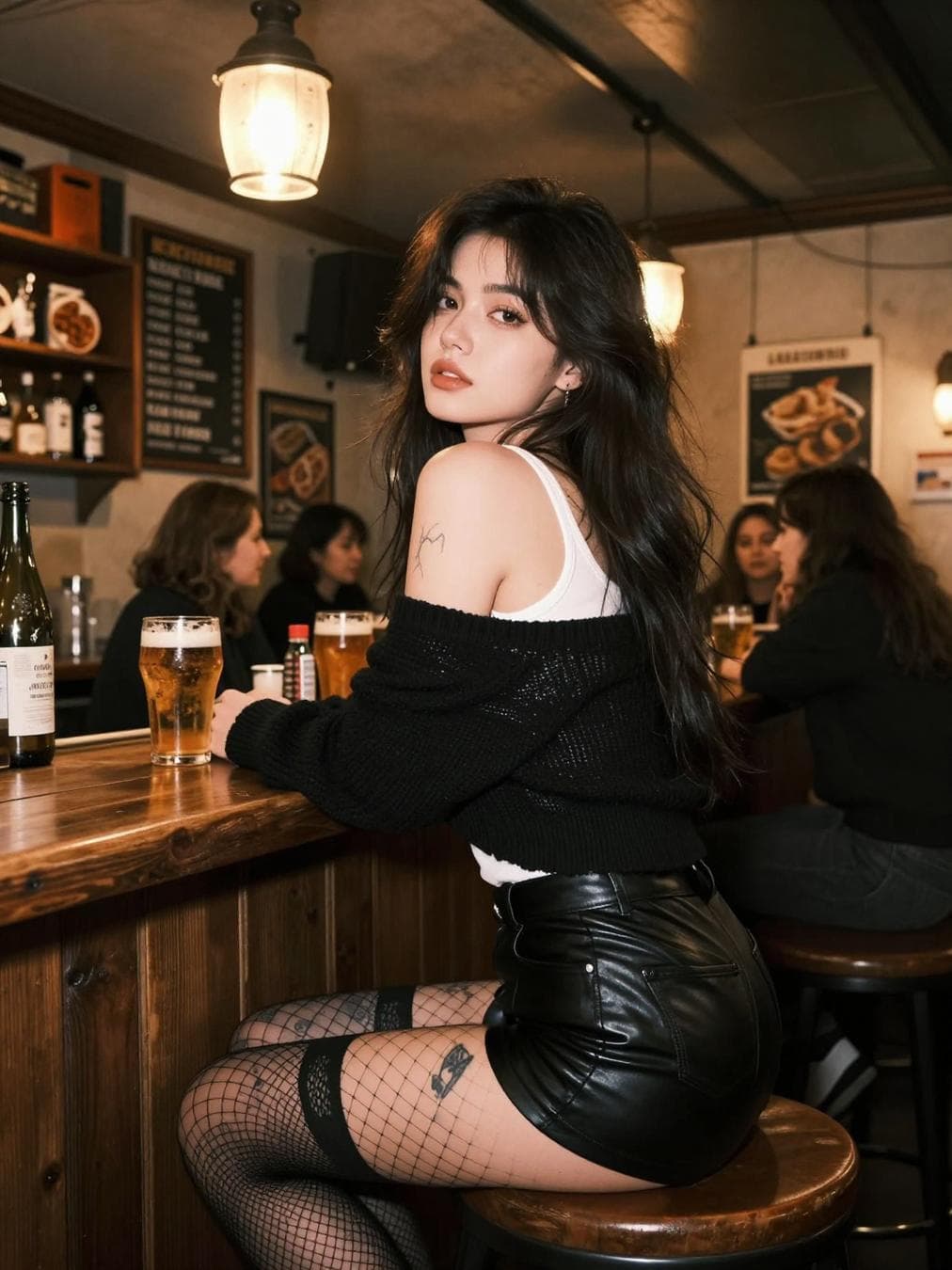 Low angle shot looking up. A beautiful young Belgian woman with long dark shaggy hair and no makeup, natural complexion and full european lips, sitting at a wooden counter in a cozy, dimly lit beer pub at night. She is looking back over her shoulder directly at the viewer with a seductive gaze. She wears a white tank top under a black knitted sweater that's slipped off one shoulder, revealing her back and shoulder, paired with tight black leather shorts and sheer black fishnet stockings, lots of tattoos. The atmosphere is warm and intimate with soft lighting from a hanging lantern. Behind her are…