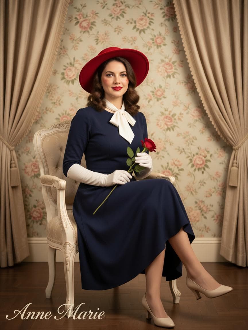 A vintage 1950s studio portrait of an elegant woman with classic Hollywood pin-up waves and a beauty mark on her cheek, wearing bold red lipstick. She is seated gracefully on an antique white carved wooden armchair against a soft, muted floral wallpaper backdrop with draped fabric curtains. She is dressed in a sophisticated dark navy blue A-line midi dress with a white ascot-style necktie. She wears long white opera gloves and a vibrant red wide-brimmed felt hat. In one gloved hand, she delicately holds a single long-stemmed red rose. She is wearing cream-colored vintage heels…