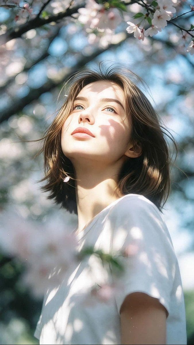 Ultra-realistic cinematic portrait photography. Vertical 9:16 composition. Low-angle shot looking upward toward the face. Subject standing beneath blooming cherry blossom trees during spring. Soft natural daylight filtering through branches creates beautiful dappled shadows across the face, neck, and white t-shirt. Short slightly messy wind-blown hair. Gentle breeze moving a few loose strands. Subject gazing upward toward the sky with a calm dreamy expression. Soft glowing skin, natural makeup, realistic texture, photorealistic eyes. Shot on an 85mm portrait lens, shallow depth of field, creamy bokeh background, cherry blossom petals softly blurred in foreground and background. Bright airy atmosphere, pastel colors, soft blue sky visible through branches. Natural sunlight, high dynamic range, cinematic lighting, delicate highlights on hair, soft shadow transitions, realistic skin texture, subtle filmic color grading, dreamy spring mood, emotional storytelling photography. Foreground flowers partially covering the frame, strong depth, layered composition, professional portrait photography, candid moment…