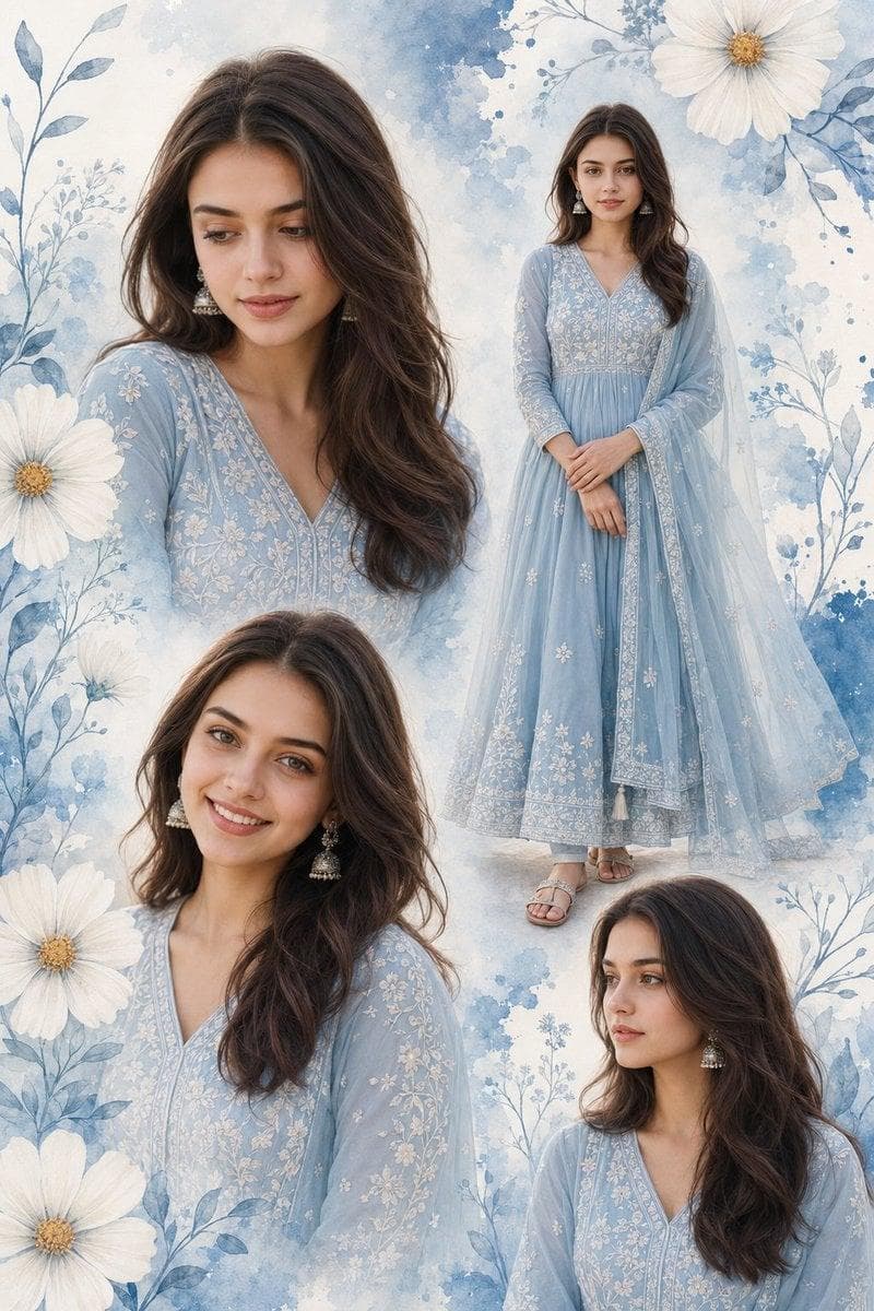 Multi-photo collage poster of a young Indian woman, 18–22 years, fair-wheatish glowing skin, long wavy dark brown hair loose and open, silver jhumka earrings, soft peachy-pink lips, natural makeup — wearing a powder blue floral embroidered full-length Anarkali suit with net dupatta, white thread embroidery detailing, silver flat sandals —4 portrait poses on one poster: (1) 3/4 close-up portrait, soft downward smile, (2) full body standing, hands clasped, complete outfit visible, (3) direct bright smile, slight head tilt, (4) soft side profile, contemplative gaze — Background: soft watercolor wash in sky blue and…