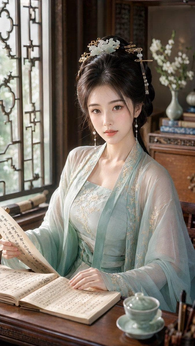 9:16 竖版，古风贵女明艳水光美妆特写，东方水光显妆贵女人像，半身近景构图，人物轻侧身回眸，从背部与肩部轻微转身看向镜头，回眸感明显。画面主体是一位明确成年的年轻东方女性，视觉年龄约 20–28 岁，富家千金，闺阁贵女，娇贵精致，明艳动人，带一点不自知的妩媚感，气质清贵富养，不幼态，不网红脸，不欧美化。 人物五官精致对称，小巧柔和鹅蛋脸，面部轮廓干净，面中饱满，下颌线纤细清晰，清亮杏眼，眼神含蓄温柔，带轻微情绪感，鼻梁秀气挺直，鼻尖细腻高光，唇形柔软精致，皮肤瓷白通透，带真实细腻肤质与柔和水光，不塑料，不油腻。嘴唇微微张开，胸部饱满自然，肩颈线条柔美，背部与肩部转身姿态自然优雅。 妆容为樱桃薄涂水光妆，第一视觉重点是水润显妆效果。底妆瓷白通透，面中有细腻奶油光泽，肌肤水润饱满但不是全脸油光。眼妆为桃粉与玫瑰棕渐层眼影，眼窝浅桃粉打底，眼尾玫瑰棕自然加深，卧蚕清透，睫毛精致，眼神干净明亮。腮红集中在面中与鼻尖，呈现明显但高级的粉桃红润感，娇养感强。高光集中在鼻梁、鼻尖、眼下三角区、唇峰与面中，细腻可见。唇妆为樱桃红薄涂玻璃唇釉，颜色清透但明显，唇面有水润反光 and 透明果冻感，不是厚涂红唇，不是烈焰红唇。 服装为轻华丽精致的古风贵女抹胸襦裙，珍珠白与杏白为主体，绢罗轻纱外搭，细腻刺绣内层，小面积绛红压边，浅金丝线纹样，轻薄披帛自然垂落，浅金腰封与珍珠腰链点缀，面料柔软，有纱、缎、绢罗的层次变化，整体清贵精致，配得上明艳水光妆容，但不要全红服装。…