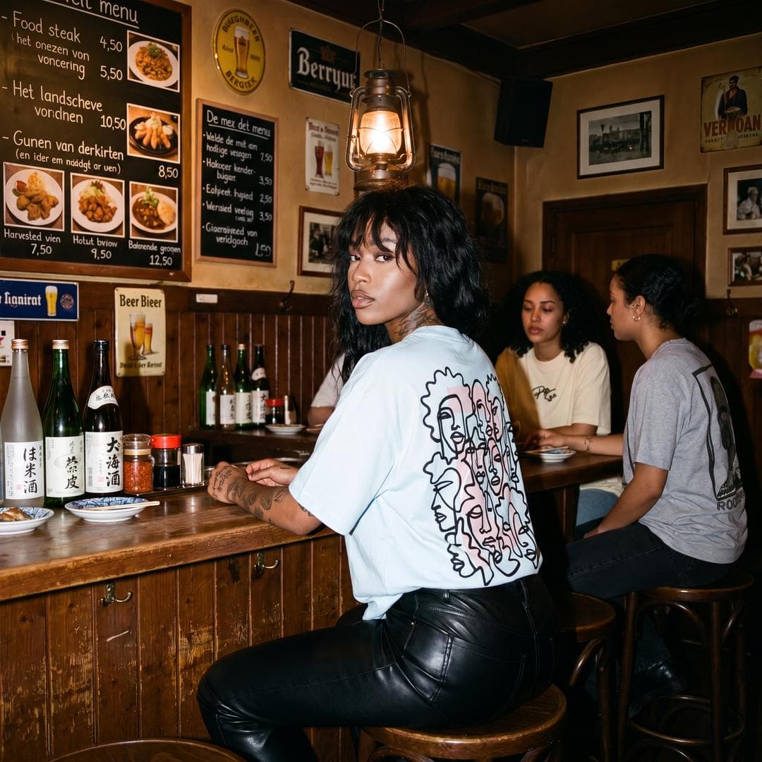 Low angle shot looking up. A beautiful young black lady with long dark shaggy hair and no makeup, natural complexion and full african lips, sitting at a wooden counter in a cozy with her back view facing us, dimly lit beer pub at night. She is looking slightly back over her shoulder few angles away from the viewer with a seductive gaze. She wears the oversize [image1] with tight black leather pants, lots of tattoos. The atmosphere is warm and intimate with soft lighting from a hanging lantern. Behind her are other mixed race women sitting at the bar also wearing…