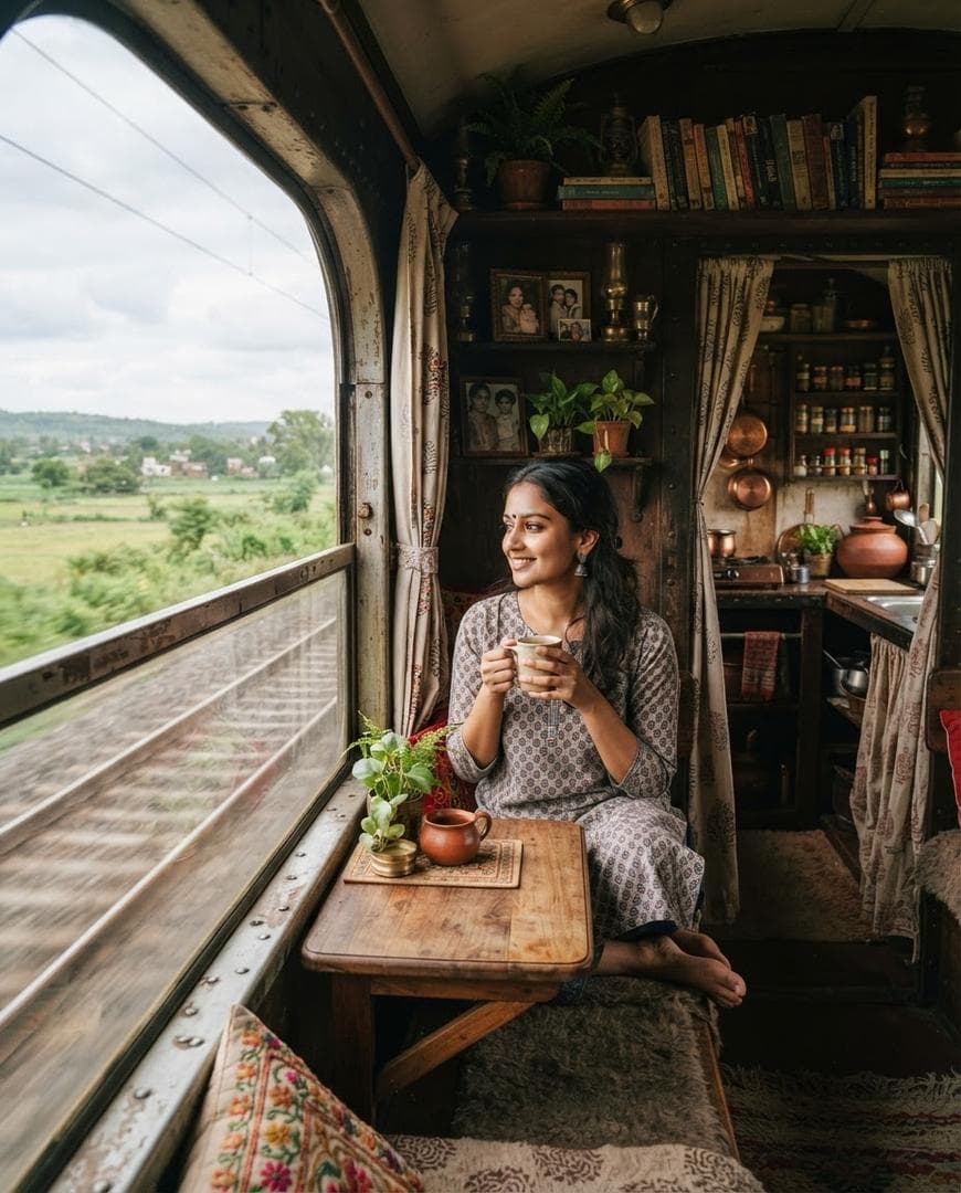 Create an original, ultra-realistic editorial photograph of a beautiful traditional Indian home mysteriously built inside an old railway carriage. The carriage has been transformed into a warm, elegant living space: a small wooden dining table beside the window, traditional Indian textiles, indoor plants, brass lamps, books, framed family photographs, and a tiny kitchen integrated into the carriage. A young Indian woman sits beside the large railway window drinking morning tea while sunlight streams across the room. Outside the window, instead of a normal railway landscape, a quiet green countryside slowly passes by — creating the feeling that this entire home is actually traveling. Show the contrast between the moving railway world outside and the peaceful home interior inside. Ultra-realistic photography, authentic Indian interior details, natural imperfections, realistic wood and fabric textures, soft morning sunlight, cinematic but believable lighting, subtle reflections in the…