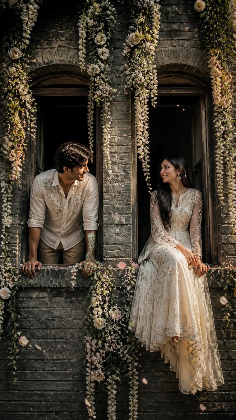 Ultra-realistic IMAX-level Netflix-style cinematic romantic portrait of a young couple sharing a heartfelt moment from two vintage windows of a beautiful matte grey brick heritage building, the handsome young man leaning casually from the left window wearing a premium white linen shirt with delicate floral embroidery, sleeves casually rolled up, tailored beige trousers, styled dark textured hair swept backward, facial expression: warm affectionate smile with a gentle romantic gaze fixed on the woman, the beautiful young woman sitting gracefully on the opposite window ledge wearing an elegant flowing white embroidered chiffon Anarkali dress with intricate floral lace detailing and sheer full sleeves, long silky jet-black hair cascading naturally over her shoulders, facial expression: soft genuine smile filled with warmth and admiration, eyes locked lovingly with the man, luxurious cascading floral garlands and hanging flower vines connecting both windows, delicate white roses, jasmine strings, baby's breath flowers, floating flower petals drifting through the air, soft breeze creating natural movement in hair and fabric, warm golden sunlit rays filtering through the flowers, creating magical highlights and cinematic depth, ultra-rich cinematic color grading, premium Hollywood color science, deep luxurious shadows, rich neutral grey tones, vibrant floral colors, golden highlights, HDR-quality dynamic range, intense color depth, enhanced contrast, realistic skin…