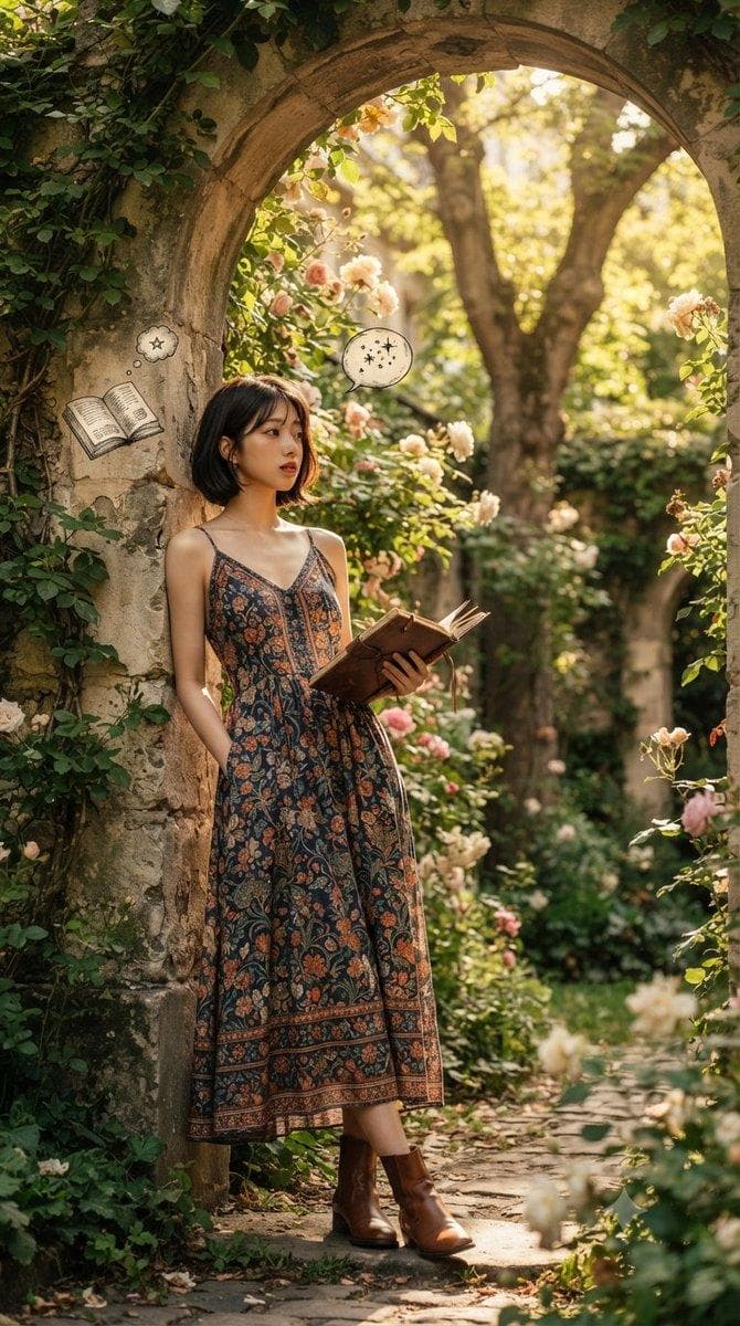A serene literary escape amidst blooming garden ruins, where quiet pages meet timeless daydreams. Set within a sunlit, ivy-covered stone archway, a young woman with short dark hair immerses herself in a rustic journal and classic literature. Dressed in a floral patterned vintage slip dress paired with brown leather boots, she is surrounded by lush green foliage and delicate pink roses. Whimsical illustrated…