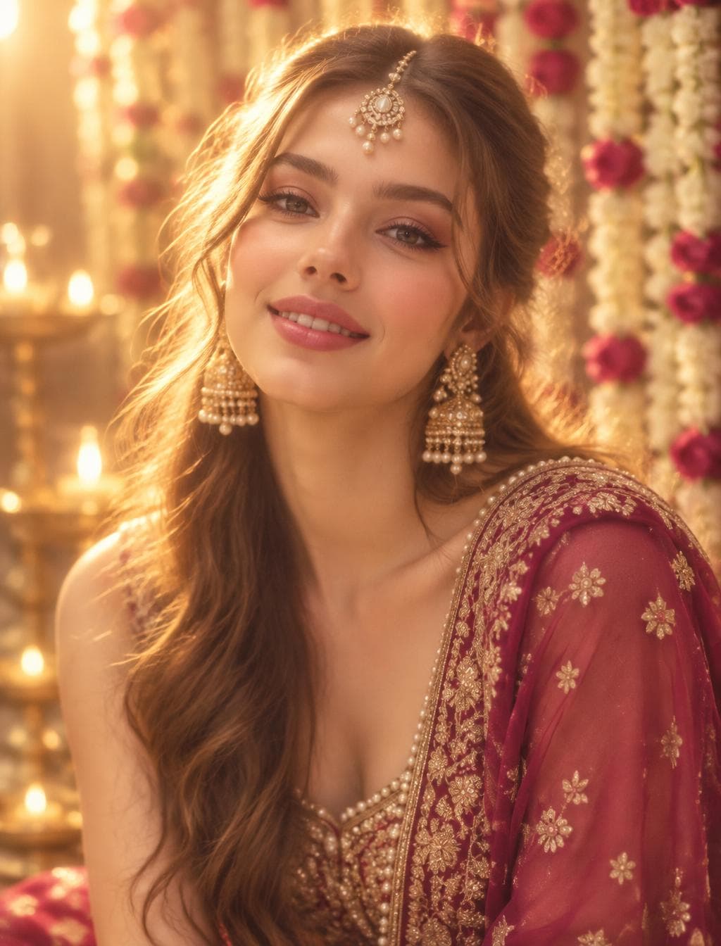 A striking portrait of a woman captured in a soft-focus, ethereal gaze, her face illuminated by a warm, golden-hour glow that creates a halo effect around her silhouette. She wears intricate traditional Indian jewelry, including a prominent maang tikka and ornate pearl-encrusted earrings, which catch the light with delicate specular highlights. The background features a soft, bokeh-blurred interior with hints of floral garlands, suggesting a festive environment. The image utilizes a heavy diffusion filter to soften the skin texture and enhance the dreamlike quality of the light, which wraps around the subject’s features with gentle subsurface scattering. The composition is a tight close-up, emphasizing her expressive eyes and the warm, opulent color palette of gold, cream, and deep…
