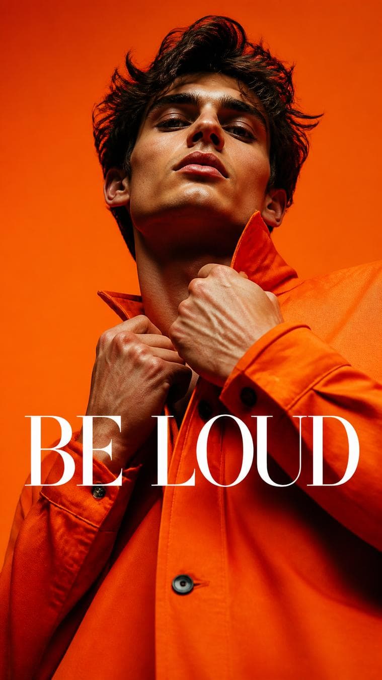 Premium fashion campaign. Main Subject: Male model wearing a vivid tangerine overshirt. Pose: Holding both jacket lapels. Camera: Ultra-low-angle close portrait…