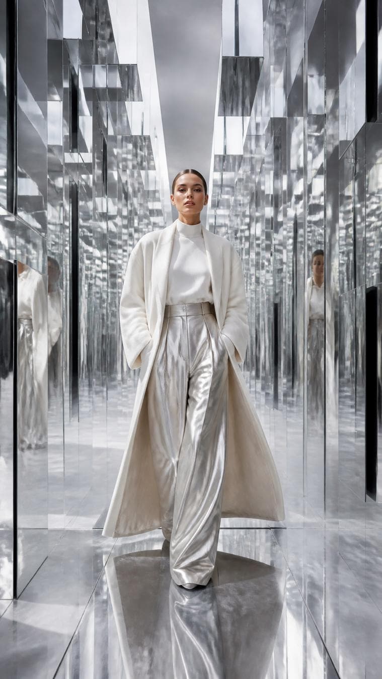 Ultra-luxury fashion editorial campaign, vertical 9:16 composition, a confident model walking through an endless corridor made entirely of floating mirrored panels, premium designer clothing with elegant oversized silhouette, futuristic luxury aesthetic, reflective chrome surfaces stretching into the distance, dramatic perspective lines leading toward the subject, soft atmospheric fog, monochromatic silver and white color palette, cinematic studio lighting, sharp reflections, sophisticated visual hierarchy, clean minimal environment, high-fashion magazine aesthetic, luxury commercial photography, architectural elegance…