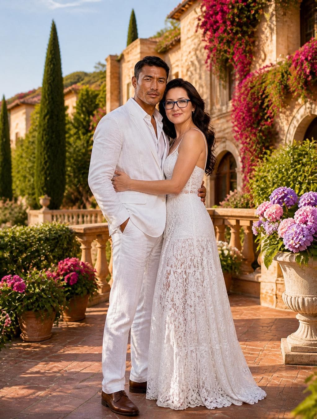 A high-resolution, full-body photograph of a happy couple, a man and a woman, standing in a loving embrace on a sun-drenched, terracotta-tiled terrace of a luxurious, large Mediterranean-style villa. The man wears a light, breathable white linen suit, and the woman wears an elegant, flowing white lace summer dress. They are wrapped in each other's arms, smiling naturally. The background is a lush, vibrant paradise filled with abundant cascading colorful flowers (bougainvillea…