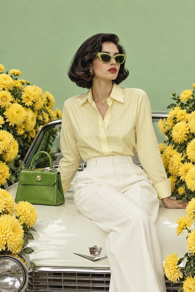 High-fashion editorial portrait of a young woman with a voluminous glossy dark curled bob styled in retro 1950s waves, sitting perched on the hood of a vintage cream classic car, gazing off to the side with poised sophistication, wearing bright green sparkly-rim cat-eye sunglasses, gold hoop earrings, bold red lipstick, a pale yellow pinstripe button-up blouse, and cream high-waisted wide-leg trousers, with a structured green leather handbag beside her; surrounded by lush clusters of vivid yellow chrysanthemum flowers on both sides, set against a solid sage-green backdrop, chrome vintage car detailing and hood ornament visible below; soft even diffused daylight with gentle shadow falloff, pastel complementary color palette of sage green, buttery yellow, and cream with emerald green accents, warm natural color temperature; shot on a 50mm lens, medium depth of field f/5, eye-level centered composition framed by flowers…