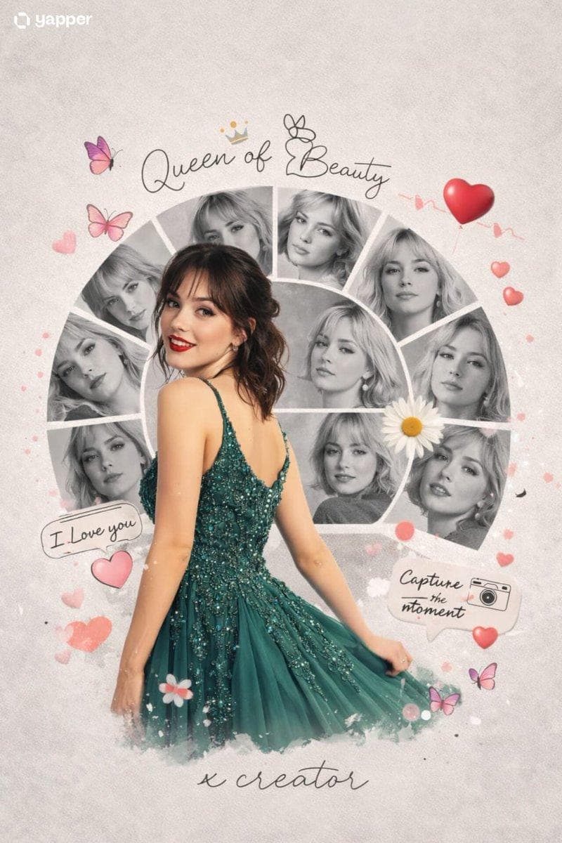 A creative romantic digital photo collage featuring a young handsome woman in a peacock green frock. The main subject is a full-body cutout placed slightly left, turned back and smiling over her shoulder, wearing a peacock green embellished rich frock. Behind and around her is a semi-circular collage of multiple black-and-white portrait shots of the same woman, each in different expressions and poses, arranged in curved segments. The background is a soft light grey textured surface with a minimal aesthetic.Decorative elements include pink butterflies, a floral daisy near the center, red heart balloons, and cute love-themed stickers Handwritten-style text elements like “Queen of…