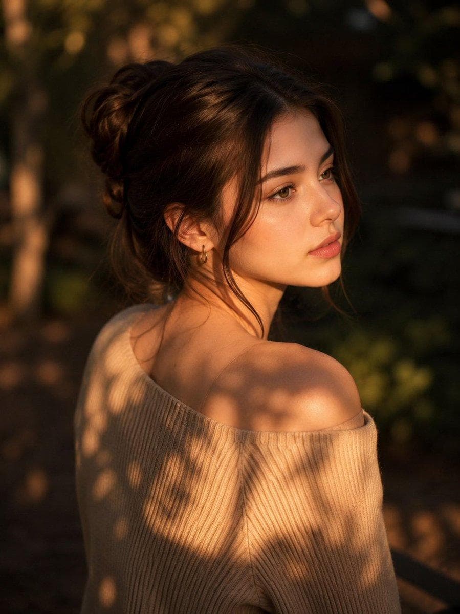 Edit foto wanita tersebut menjadi potret High Angle Sinematik dari seorang wanita muda yang cantik dari sudut pandang belakang. Fokus utamanya adalah pada bahu, lengan, dan sebagian wajahnya yang menghadap ke samping dengan ekspresi tenang. Riasan flawess natural eye shadow semi peach-brown lembut, bulu mata lentik, blush on tipis peach lembut dengan lisptik glossy peach lembut, rambut lurusnya tersanggul keatas agak longgar sedikit ada helaian rambut samping kanan-kirinya membingkai wajahnya. Ia mengenakan atasan sweater rajut dengan model sabrina berwarna cokelat muda. Tekstur kulitnya terlihat sangat halus di bawah siraman cahaya matahari yang terfilter. Latar belakang di outdoor buram (bokeh). Wajahnya menoleh ke samping melihat ke sikataran dengan ekspresi tenang dan sendu. Pencahayaan dan Warna : Foto ini menggunakan teknik pencahayaan yang kontras (terang-gelap). Cahaya matahari jatuh di bagian bahu dan wajahnya, sementara bagian lainnya tenggelam dalam bayangan. Terdapat bayangan siluet dedaunan atau ranting yang jatuh di punggung dan wajah wanita tersebut, memberikan kesan ia berada di bawah pohon saat matahari mulai terbenam (golden hour). Palet Warna: Didominasi oleh warna-warna hangat seperti oranye, golden hour…