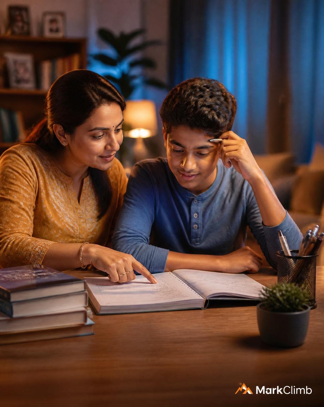 A warm, well-lit Indian living room. A mother sitting beside her child (Class 8-9 age) at a study table, gently pointing at a notebook. Child looks thoughtful, not distressed — subtle emotional connection, not sad/dramatic. Soft…