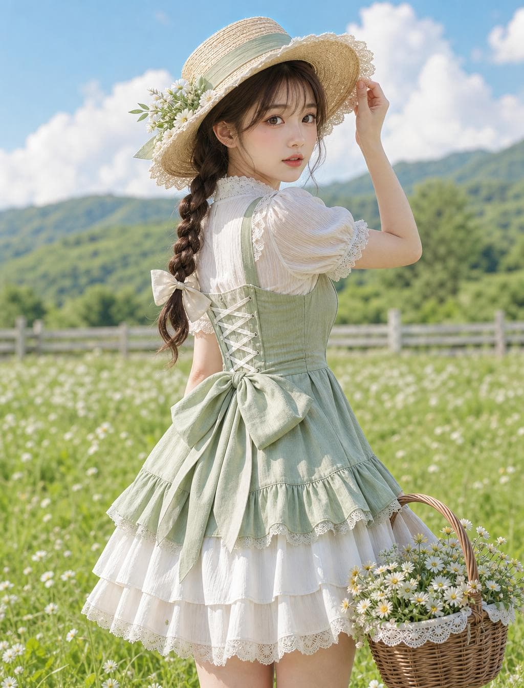 白い小花が咲く明るい草原で、淡いセージ色と白の田園風ドレス、花飾りの麦わら帽子を身につけた若い女性が、白い花を満たした籐籠を持って振り返る太腿上ポートレート。人物を画面中央から右へ大きく置き、背中側の編み上げと大きな腰リボン、右下の花籠、緑の丘と青空を見せる。 人物・表情： 小さな卵形の顔を左肩越しに正面へ振り返り、顎を少し引き、濃茶色の大きな瞳でカメラを見る。細い茶色の眉、小さくまっすぐな鼻、淡い珊瑚色の唇を少し開いた穏やかな表情。明るい肌に柔らかな桃色の頬。濃茶色の長い髪は低い位置で太い三つ編みにし、首後ろへ垂らして生成り色の蝶形リボンで結ぶ。薄い前髪と波打つ後れ毛を頬と首筋へ残す。 服装・ポーズ： 淡いセージグリーンと温かな白色を組み合わせた膝上丈の田園風ワンピースドレス。白い半袖ブラウス部分は細かな縦しわ、丸いフリル襟、短いパフ袖、肩と袖口の白レース。上から重なるセージ色の身頃は肩紐、胸前の布、背中の白い交差編み上げ。腰後ろに大きなセージ色の蝶結び、スカートはセージ色の上段フリルと白い二段布、裾に細かな白レース。生成り色の広いつば麦わら帽子は縁に小さな輪形レース、淡いセージ色リボン、左側に白い小花と緑葉。身体を画面左へ向けて立ち、上半身だけを振り返る。右腕を頭上へ曲げて右手で帽子のつばを持ち、左腕を下げて左手で籐籠の湾曲した持ち手を握る。 背景・光：…